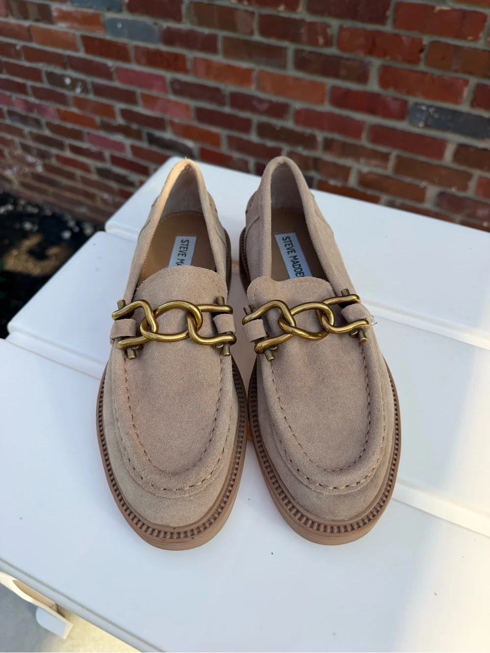 Steve Madden Women’s Suede Loafers in Taupe with Brass Chain